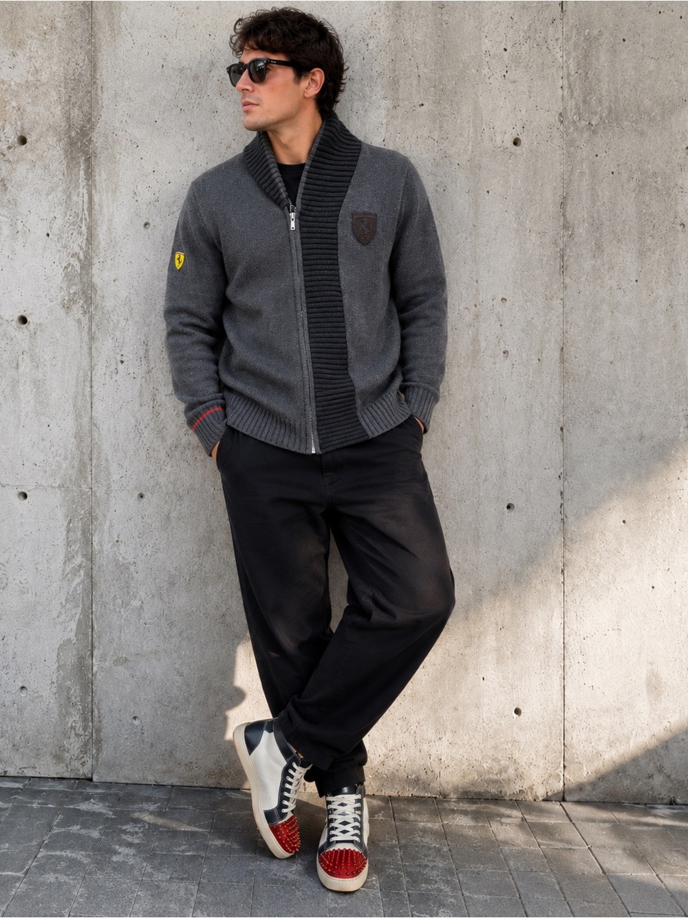 Puma Ferrari Men's Charcoal Gray & Black Zip-Up Shawl Collar Sweater